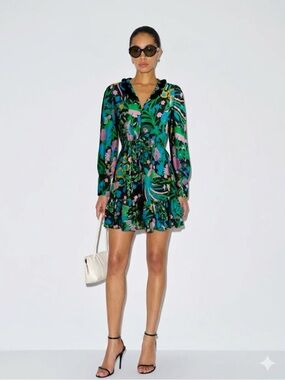 FIGUE Ella Ruffle Midi Dress - XS - Vibrant Birdsong Print & Pom Pom Details